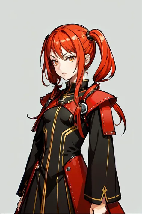 <lora:FE9 v5 Thick:0.7> cowboy shot,, ultra detailed, masterpiece, best quality,, solo, 1girl, red hair, (orange eyes:0.5), (amber eyes:1.3), swept bangs, parted bangs, medium hair, small breasts, <lora:Tsurime3:1>, (tsurime:1.2), (low twintails:1.35),