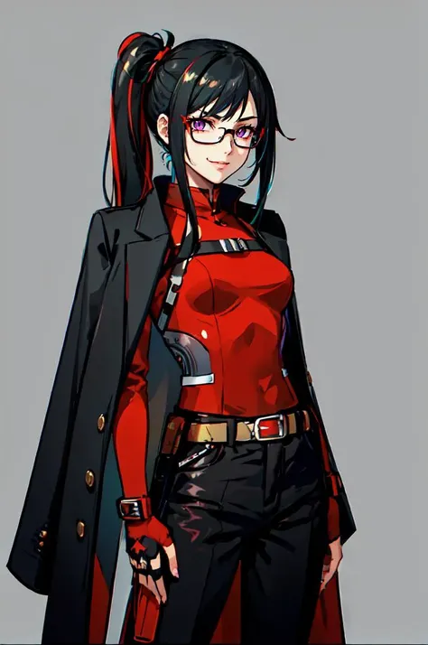 <lora:FE9 v5 Thick:0.7> cowboy shot,, ultra detailed, masterpiece, best quality,, solo, smug smile, 1girl, purple eyes, red-framed eyewear, (black hair, red colored tips:1.2), red streaked hair, very long hair, side ponytail, tied hair, medium breasts,, <lora:StS-Coat-and-Jacket-On-Shoulders-Iteration2:0.7> dataset, jacket on shoulders, coat on shoulders, red dress, sleeves rolled up, fingerless gloves, holster, belt, multiple belts, combat boots, bulletproof vest, pants, black coat, tactical clothes,