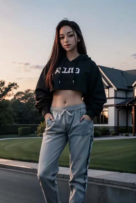 hdr, a photo of BhadBhabie, wearing a croptop hoodie, black pants,
hands in pocket, visible navel, instagram pose, standing,
full body shot, looking at viewer, smiling, happy, 
outside, front yard of a mansion, dusk, twilight sky, flash photography lighting <lora:BhadBhabie:.8>, extremely detailed,