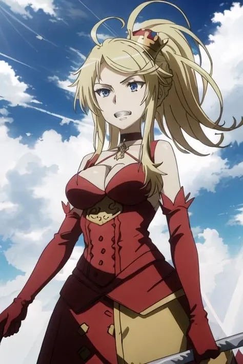 best quality, masterpiece, highres, solo, {carissa_toarumajutsunoindex:1.15}, blonde_hair, long_hair, blue_eyes, breasts, ponytail, cleavage, 1girl, anime_coloring, bare_shoulders, clenched_teeth, teeth, braid, night, sky, ahoge, cloud