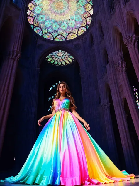 MelenaMariaRya, woman, (medium shot:1.3), "Crystal Cathedral: Our muse stands within a majestic, crystalline cathedral that seems to have materialized from dreams. She wears a gown that reflects the kaleidoscope of colors emanating from the intricate crystal formations. The fabric shimmers and shifts, mimicking the iridescent beauty of the surroundings. The camera captures her in a medium shot, showcasing the grandeur of the cathedral and the intricate details of her gown. The scene is bathed in vivid, prismatic hues, creating an atmosphere of awe and serenity. As our muse stands at the center of this breathtaking spectacle, she embodies the essence of ethereal beauty in a world that defies imagination."