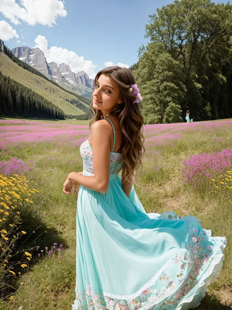 MelenaMariaRya, woman, (medium shot:1.3), "Whispering Meadows: Our muse finds herself in a breathtaking landscape of ethereal meadows, where vibrant flowers sway in harmony with a gentle breeze. She wears a gown adorned with delicate petals that seem to bloom in perfect harmony with the surrounding flora. The camera captures her in a wide-angle shot, showcasing the vastness of the meadows and the intricate details of her gown. The scene is saturated with a spectrum of vivid colors, from soft pastels to vibrant hues, evoking a sense of serenity and natural beauty. As our muse wanders through this magical landscape, she epitomizes the unspoiled wonder and the extraordinary beauty of a world waiting to be discovered."