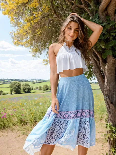 MelenaMariaRya, woman,
"captivates in a beautiful, bohemian-inspired outfit, perfect for a carefree summer day. Wearing a flowing maxi skirt adorned with intricate patterns and paired with a cropped lace top, she emanates a sense of whimsy and grace. Her expression is one of serene happiness, as she twirls amidst a field of wildflowers. The camera angle captures Irene from a slightly elevated position, allowing the viewer to appreciate the full beauty of her ensemble and the idyllic countryside scenery. The soft, warm sunlight bathes the scene, adding a touch of magic to the overall composition." (detailed face, detailed eyes,:1.1), arms tucked between legs (photography by Peter Hurley), 8k uhd, dslr, soft lighting, high quality, film grain, Fujifilm XT3 sharp focus, f 5.6, High Detail, Sharp focus, beauty incarnate, dramatic, alluring, sensual, (looking at viewer:1.2), (detailed pupils:1.3), (natural light), simple background