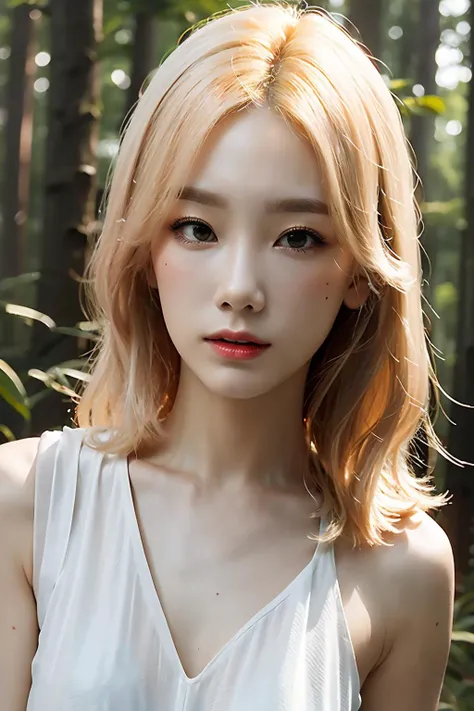 Best quality, masterpiece, ultra high res, (photorealistic:1.4), raw photo, 1girl, realistic, forest, closeup, looking at viewer, white dress, sleeveless, blonde hair