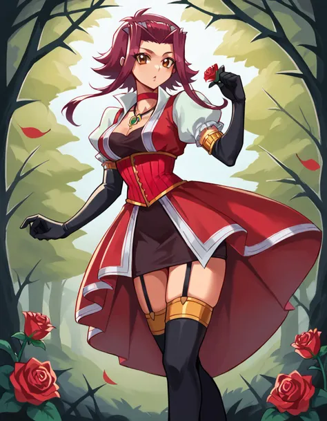score_9, score_8_up, score_7_up, score_9 masterpiece, highres BREAK
<lora:Multiversus_Character_Concept_Style:1> multiversus dynamic pose, surrounded by thorns, wrapped in thorns,1
BREAK
<lora:akixl9:0.8>
akiza, izayoi aki, brown eyes, curvy, skindentation, holding rose
akizalimiter, akizaskirttail, akizareg, puffy sleeves, red corset, (red dress, tube top:0.7) choker, necklace, jewelery, black elbow gloves, high-low skirt, garter straps, thighhighs,
forest background, roses, thorns, ivy, plants, leaves,