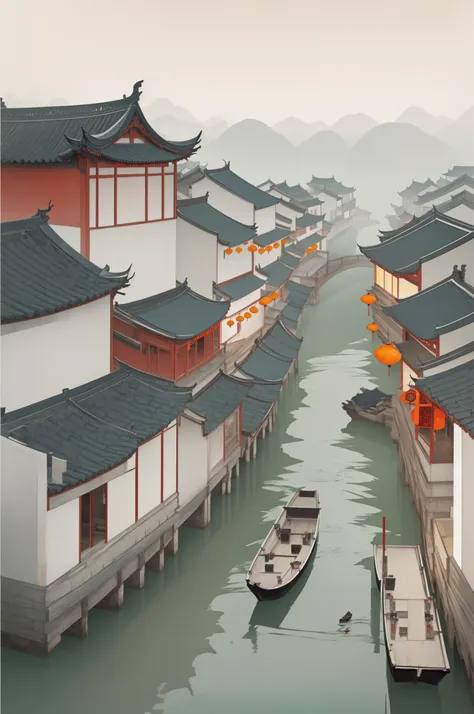 Describe the bustling scene in the market in the Tang Dynasty, from a distant perspective, there is a small river on the axis of the drawing, and the boats in the small river are like shuttles, (an arch bridge spans both sides of the small river, and the gifted scholars and beautiful women on the arch bridge are in pairs), and pedestrians on both sides of the river Continuous stream, ink painting style, quaint Chinese architecture, super detailed, epic communication, huge paintings, highest quality, oversaturated, 32 --v 6