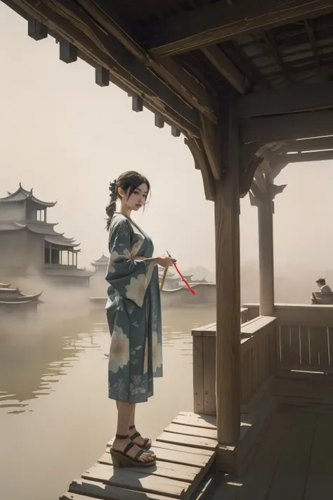(1girl:1.2),Standing on a high platform to enjoy the beautiful scenery,(looking at viewer:1.2),human figures in traditional garb,interaction between humans and nature,gentle brushwork,tranquil mood,balanced layout,cultural heritage,Ink Wash Painting,
masterpiece,8k,incredibly_absurdres,best quality,<lora:guohua_20240130124050-000014:0.7>,