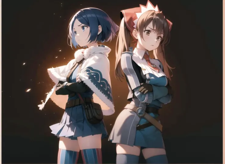 2girls, standing, back-to-back, crossed arms, upset, (angry:0.8), (anger vein:0.8), camp
BREAK
isara\(valkyrie\), thighhighs, short hair, blue hair, gloves, blue eyes, military, uniform, military uniform, zettai ryouiki, skirt, fringe trim, vertical stripes, striped, pleated skirt, headphones, striped thighhighs, poncho, capelet, black gloves, miniskirt, fur trim, belt <lora:Isara:0.5>
BREAK
<lora:alicia-nvwls-v1-final:0.9> alicia melchiott, headdress, red necktie, military uniform, blue thighhighs, brown gloves, boots