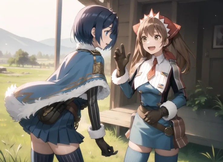 2girls, talking, excited, facing another, camp
BREAK
isara\(valkyrie\), thighhighs, short hair, blue hair, gloves, blue eyes, military, uniform, military uniform, zettai ryouiki, skirt, fringe trim, vertical stripes, striped, pleated skirt, headphones, striped thighhighs, poncho, capelet, black gloves, miniskirt, fur trim, belt <lora:Isara:0.5>
BREAK
<lora:alicia-nvwls-v1-final:0.9> alicia melchiott, headdress, red necktie, military uniform, blue thighhighs, brown gloves, boots