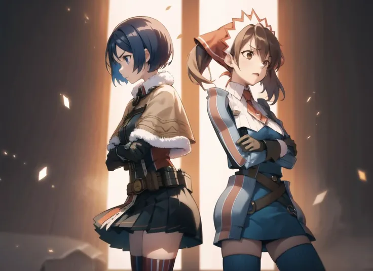 2girls, standing, back-to-back, crossed arms, upset, (angry:0.8), (anger vein:0.8), camp
BREAK
isara\(valkyrie\), thighhighs, short hair, blue hair, gloves, blue eyes, military, uniform, military uniform, zettai ryouiki, skirt, fringe trim, vertical stripes, striped, pleated skirt, headphones, striped thighhighs, poncho, capelet, black gloves, miniskirt, fur trim, belt <lora:Isara:0.5>
BREAK
<lora:alicia-nvwls-v1-final:0.9> alicia melchiott, headdress, red necktie, military uniform, blue thighhighs, brown gloves, boots