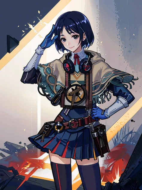 isara\(valkyrie\), 1girl, solo, poncho, gloves, fringe trim, short hair, uniform, salute, headphones, military, skirt, belt, military uniform, smile, black hair, capelet, blue hair, headphones around neck, zoom layer, fur trim, miniskirt, pouch, black eyes, pleated skirt, original, intricate detail, illustration, masterpiece, extremely detailed CG unity 8k wallpaper, highlight, sharpening, dynamic, <lora:Isara:0.5>