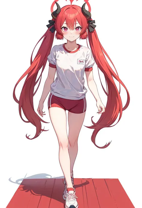 best quality, masterpiece, highres, solo, (junko_bluearchive:1.10), gym uniform, red buruma, short sleeves, white shirt, 1girl, looking at viewer, ahoge, gym shirt, white background, simple background, blush, closed mouth, full body, holding, smile, sneakers, 8 <lora:junko_bluearchive:0.80>