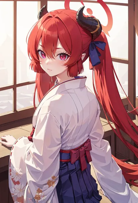 best quality, masterpiece, highres, solo, (junko_bluearchive:1.10), (white kimono:1.35), (red hakama:1.35), (wide sleeves:1.20), 23 <lora:junko_bluearchive:0.80>