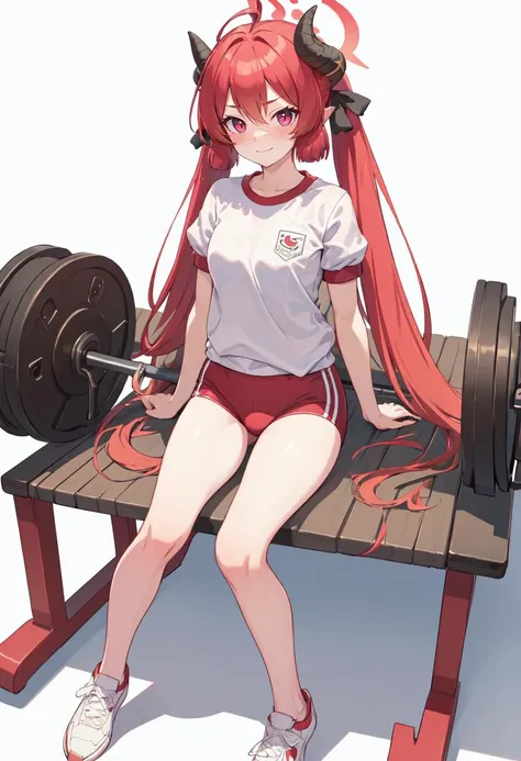 Outrageous, Best Quality, 1girl, solo, red hair, purple eyes, long hair, big, ahBunny, bunny ears, red corset, gakuran, aprons, red neck ribbons, red skirt, hair bow, short sleeves, wrist cuffs, white thighs, jingle bells, naked full body, workout on gym 