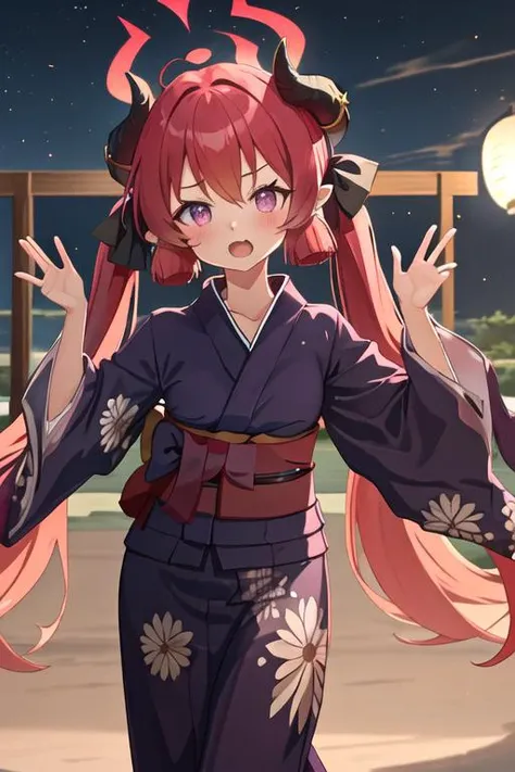 best quality, masterpiece, highres, solo, {yukata:1.40}, {kimono:1.20}, {junko_bluearchive:1.15}, red_hair, horns, long_hair, twintails, halo, bangs, blush, pointy_ears, hair_between_eyes, open_mouth, purple_eyes, necktie, red_necktie
