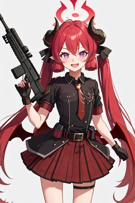 best quality, masterpiece, highres, solo, {junko_bluearchive:1.15}, red_hair, horns, long_hair, twintails, halo, bangs, blush, pointy_ears, hair_between_eyes, open_mouth, purple_eyes, necktie, red_necktie, 1girl, gun, holding, holding_gun, holding_weapon, looking_at_viewer, rifle, simple_background, weapon, demon_horns, smile, weapon_over_shoulder, hair_ribbon, ribbon, short_sleeves, shotgun, skirt, white_background, assault_rifle, over_shoulder