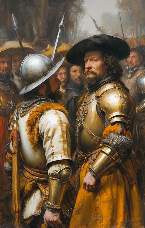 masterpiece,best quality,<lora:tbh135-sdxl:0.85>,Knights in Golden Armor,illustration,style of Rembrandt,oil painting,