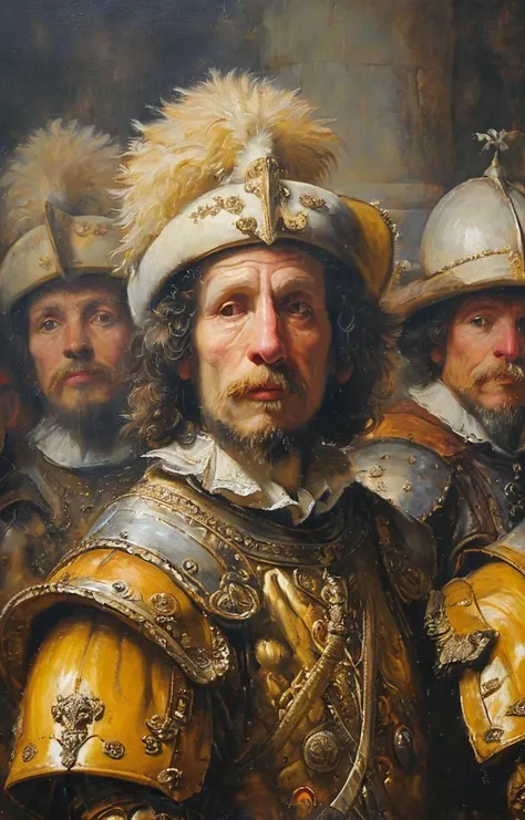 masterpiece,best quality,<lora:tbh135-sdxl:0.85>,Knights in Golden Armor,illustration,style of Rembrandt,oil painting,