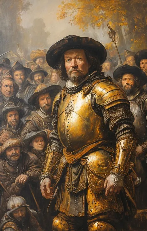 masterpiece,best quality,<lora:tbh135-sdxl:0.85>,Knights in Golden Armor,illustration,style of Rembrandt,oil painting,