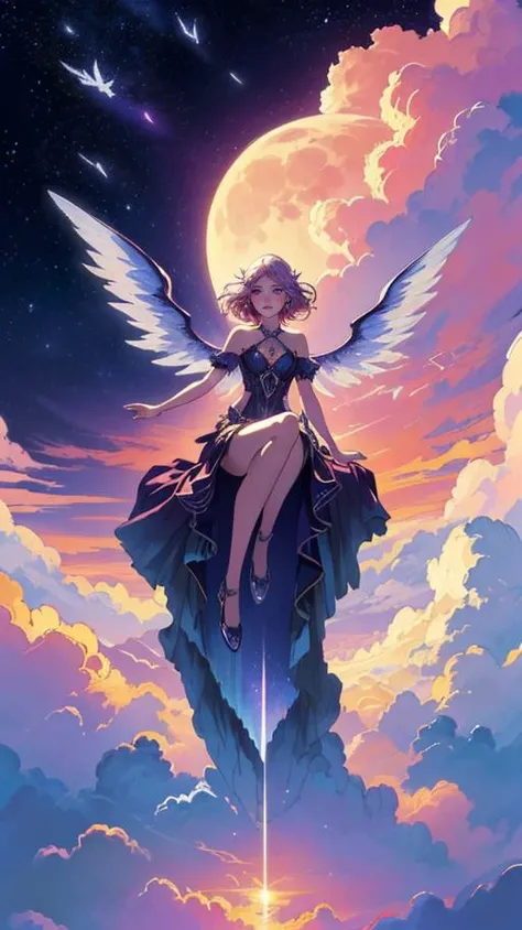 (best quality), (masterpiece), (detailed), alluring succubus, ethereal beauty, perched on a cloud, (fantasy illustration:1.3), enchanting gaze, captivating pose, delicate wings, symmetrical wings, otherworldly charm, mystical sky, (Luis Royo:1.2), (Yoshitaka Amano:1.1), moonlit night, warm colors, (detailed cloudscape:1.3), (high-resolution:1.2), (front view)