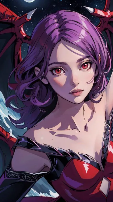 (best quality, masterpiece, highres:1.2), succubus girl, lilith aensland, gothic, large demon wings (high resolution textures), purple hair, (abstract art), half demon, red eyes, (intricate details, hyperdetailed:1.15), detailed, moonlight passing through hair, (official art, extreme detailed, ), HDR+ <lora:lilith:0.7>