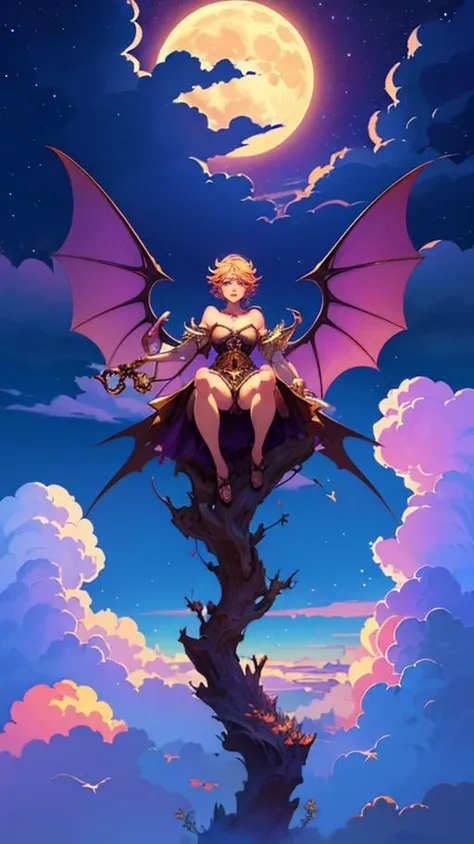 (best quality), (masterpiece), (detailed), alluring succubus, ethereal beauty, perched on a cloud, (fantasy illustration:1.3), enchanting gaze, captivating pose, delicate wings, symmetrical wings, otherworldly charm, mystical sky, (Luis Royo:1.2), (Yoshitaka Amano:1.1), moonlit night, warm colors, (detailed cloudscape:1.3), (high-resolution:1.2), (front view)