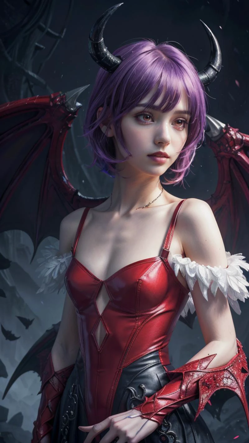 (best quality, masterpiece, colorful, dynamic angle, highest detailed), (photorealistic:1.2), raw photo,upper body photo, fashion photography of cute succubus girl, lilith aensland, gothic, large demon wings (high resolution textures), purple hair, (abstract art), half demon, red eyes, (intricate details, hyperdetailed:1.15), detailed, moonlight passing through hair, (official art, extreme detailed, highest detailed), (photorealistic:1.2), raw photo,, HDR+ <lora:lilith:0.7>