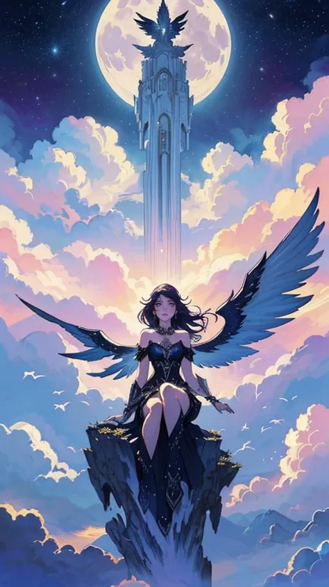 (best quality), (masterpiece), (detailed), alluring succubus, ethereal beauty, perched on a cloud, (fantasy illustration:1.3), enchanting gaze, captivating pose, delicate wings, symmetrical wings, otherworldly charm, mystical sky, (Luis Royo:1.2), (Yoshitaka Amano:1.1), moonlit night, warm colors, (detailed cloudscape:1.3), (high-resolution:1.2), (front view)