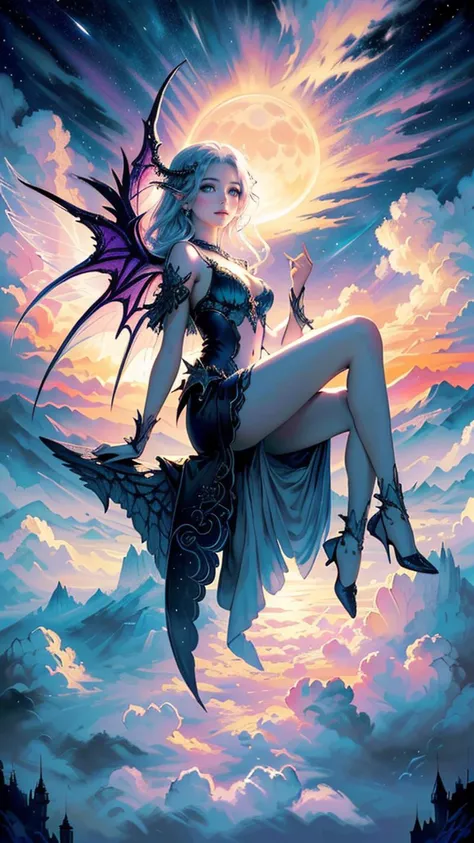 ((best quality)), ((masterpiece)), (detailed), alluring succubus, ethereal beauty, perched on a cloud, (fantasy illustration:1.3), enchanting gaze, captivating pose, delicate wings, symmetrical wings, otherworldly charm, mystical sky, (Luis Royo:1.2), (Yoshitaka Amano:1.1), moonlit night, warm colors, colorful, (detailed cloudscape:1.3), (high-resolution:1.2), (front view)
