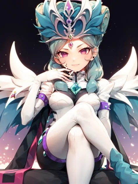 masterpiece, best quality, absurdres, 1girl, beta_ie, keshin_armed, armor, smile, pink eyes, sitting, crossed legs <lora:Beta:1>