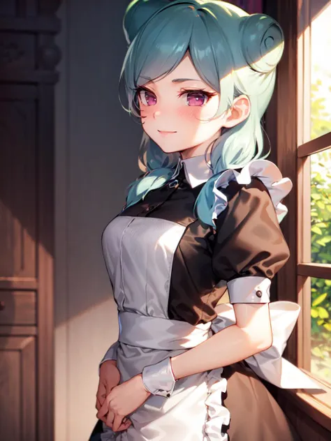masterpiece, best quality, absurdres, 1girl, beta_ie, maid, smile, cute, blush, pink eyes, standing, <lora:Beta:1>