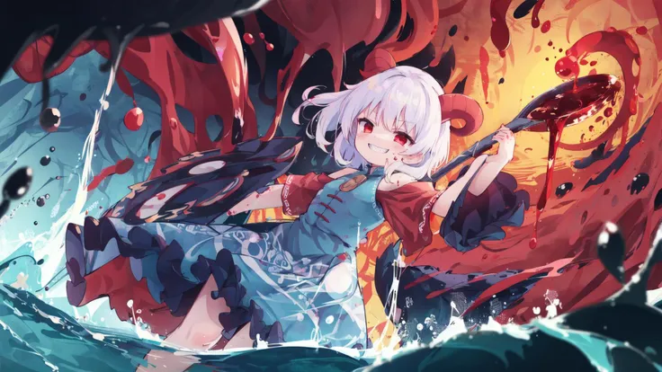 8k detail wallpaper,wallpaper,official art,
toutetsu yuuma,blue dress, red sleeves, bare shoulders,red eyes, (sharp teeth:0.4), white hair,
toutetsu yuuma is main character ,
Dark cave, reddish stalactites,  large spoon, devilish grin, submerged in a sinister underworld,
 walking through the underworld lake,
Majestic aura,Regal demeanor,Commanding presence,Imposing,Sovereign,bloody world,blood throne,
close-up body,dynamic pose, drastaic angle,dynamic angle,eccentric pose,belligerent pose,
,best quality,ultra-detailed,masterpiece,  <lora:ToutetsuYuuma:0.92>
(asx,:0.8)
<lora:petenshi355StyleLora_v10:0.03> <lora:nekotoufu_style_v1-000020:0.12> <lora:shennai_misha:0.07>baku_p, <lora:baku_p-v2-000027:0.38> <lora:colorify:0.35>