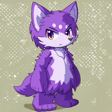 furry, anthro, cute, kemono, male focus, purple fur, yellow wing, purple eyes, big eyes, serious face, solo, full body, wolf