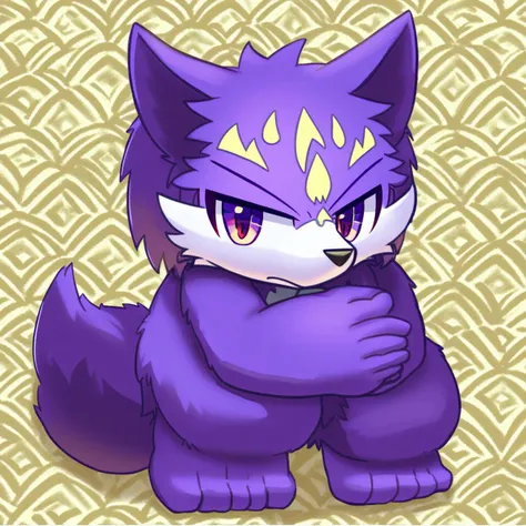 furry, anthro, cute, kemono, male focus, purple fur, yellow wing, purple eyes, big eyes, serious face, solo, full body, wolf