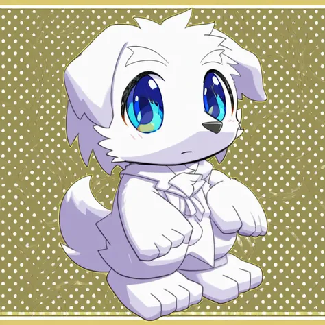 furry, anthro, cute, kemono, male focus, white fur, white wing, blue eyes, big eyes, solo, full body, dog