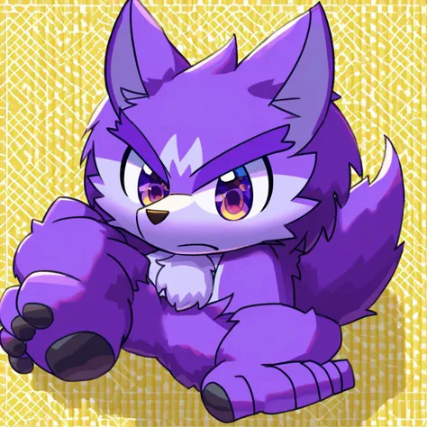 furry, anthro, cute, kemono, male focus, purple fur, yellow wing, purple eyes, big eyes, serious face, solo, full body, wolf