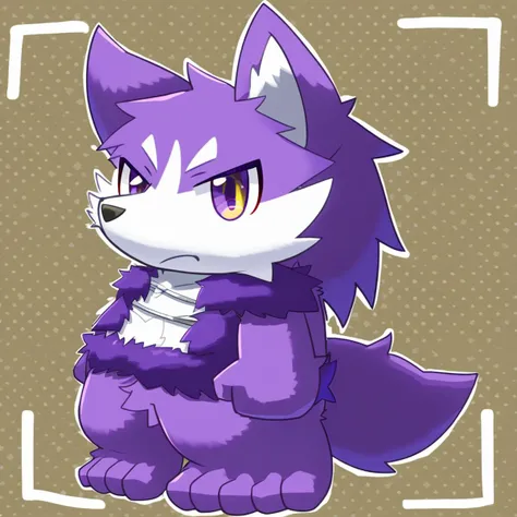 furry, anthro, cute, kemono, male focus, purple fur, yellow wing, purple eyes, big eyes, serious face, solo, full body, wolf