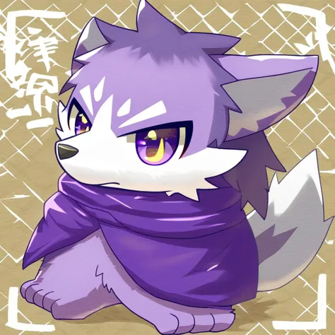 furry, anthro, cute, kemono, male focus, purple fur, yellow wing, purple eyes, big eyes, serious face, solo, full body, wolf