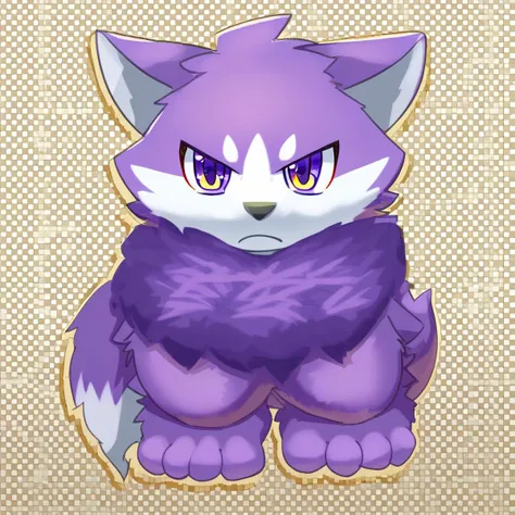 furry, anthro, cute, kemono, male focus, purple fur, yellow wing, purple eyes, big eyes, serious face, solo, full body, wolf