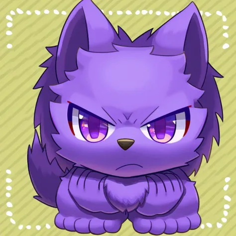 furry, anthro, cute, kemono, male focus, purple fur, yellow wing, purple eyes, big eyes, serious face, solo, full body, wolf