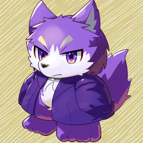 furry, anthro, cute, kemono, male focus, purple fur, yellow wing, purple eyes, big eyes, serious face, solo, full body, wolf