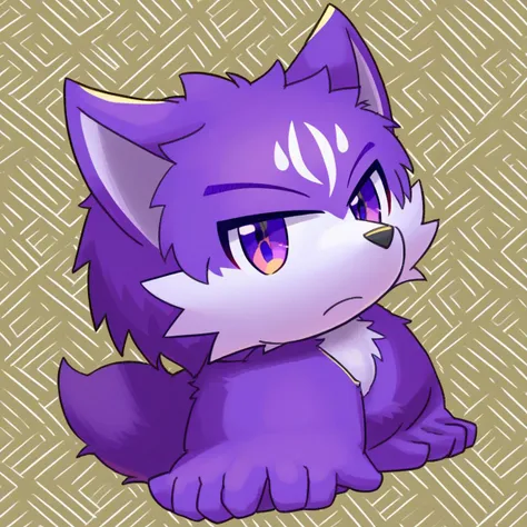 furry, anthro, cute, kemono, male focus, purple fur, yellow wing, purple eyes, big eyes, serious face, solo, full body, wolf