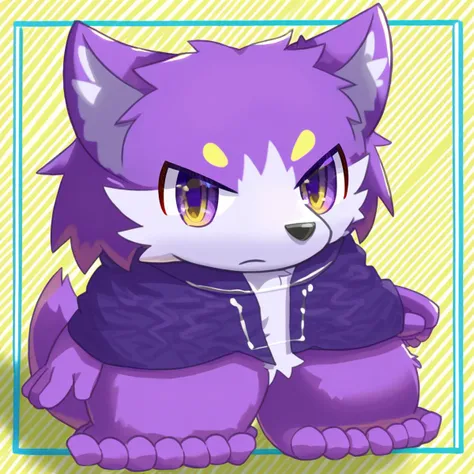 furry, anthro, cute, kemono, male focus, purple fur, yellow wing, purple eyes, big eyes, serious face, solo, full body, wolf