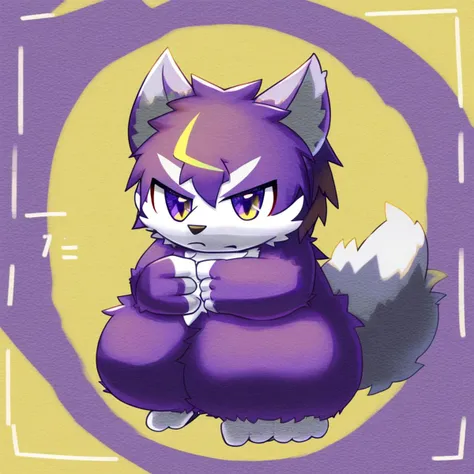 furry, anthro, cute, kemono, male focus, purple fur, yellow wing, purple eyes, big eyes, serious face, solo, full body, wolf