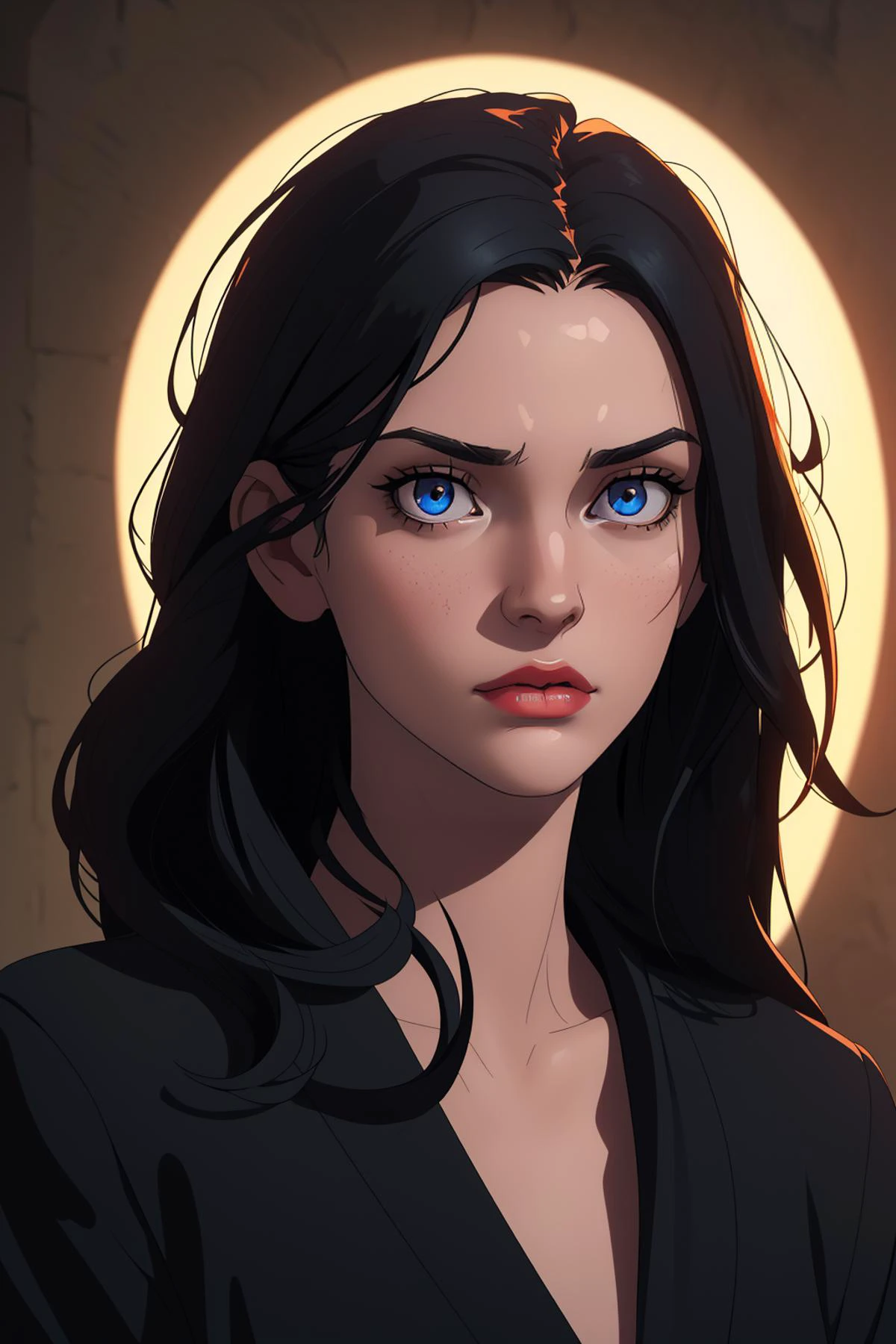(best quality, highres, HDR, masterpiece:1.1), (young adult woman, 1girl, solo, gloomy face:1.1), (hidden_eyes :1), (black_hair, medium_hair, flipped_hair:1), (slim body:1), fascinating, bewitching, enticing,