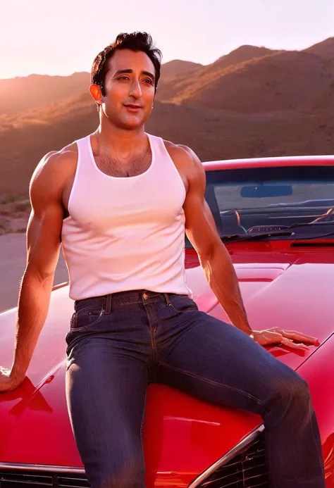 Adrien Brody a man <lora:Rahul-Khanna_Adrien-Brody:0.8> sitting on red car. Full body. muscular. warm light. sunset. Taken from below.  zoom out, 