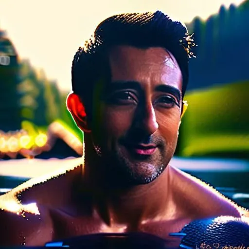 (intricate detail, beautiful/handsome:1.2) ,Friarmoody lighting, close up portrait of Adrien Brody a man <lora:Rahul-Khanna_Adrien-Brody-000002:1>, Sexy Country Style, bathing in a river, roots, (backlighting) , realistic, masterpiece, highest quality, lens flare, shade, bloom, [[chromatic aberration]], by Jeremy Lipking, by Antonio J. Manzanedo, digital painting, Skin Shine,Shiny Skin,Luscious skin, Smile,Chaos mode,unique details,full body