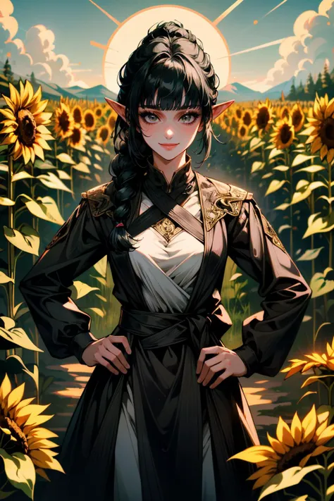 ((ultra detailed, masterpiece, absurdres))
 <lora:BGShadowH:0.8>
BGShadowH, 1girl, pointy ears, black hair, blunt bangs, braid, hair ornament, surrounded by sunflowers in a bright field, smiling, with hands on hips