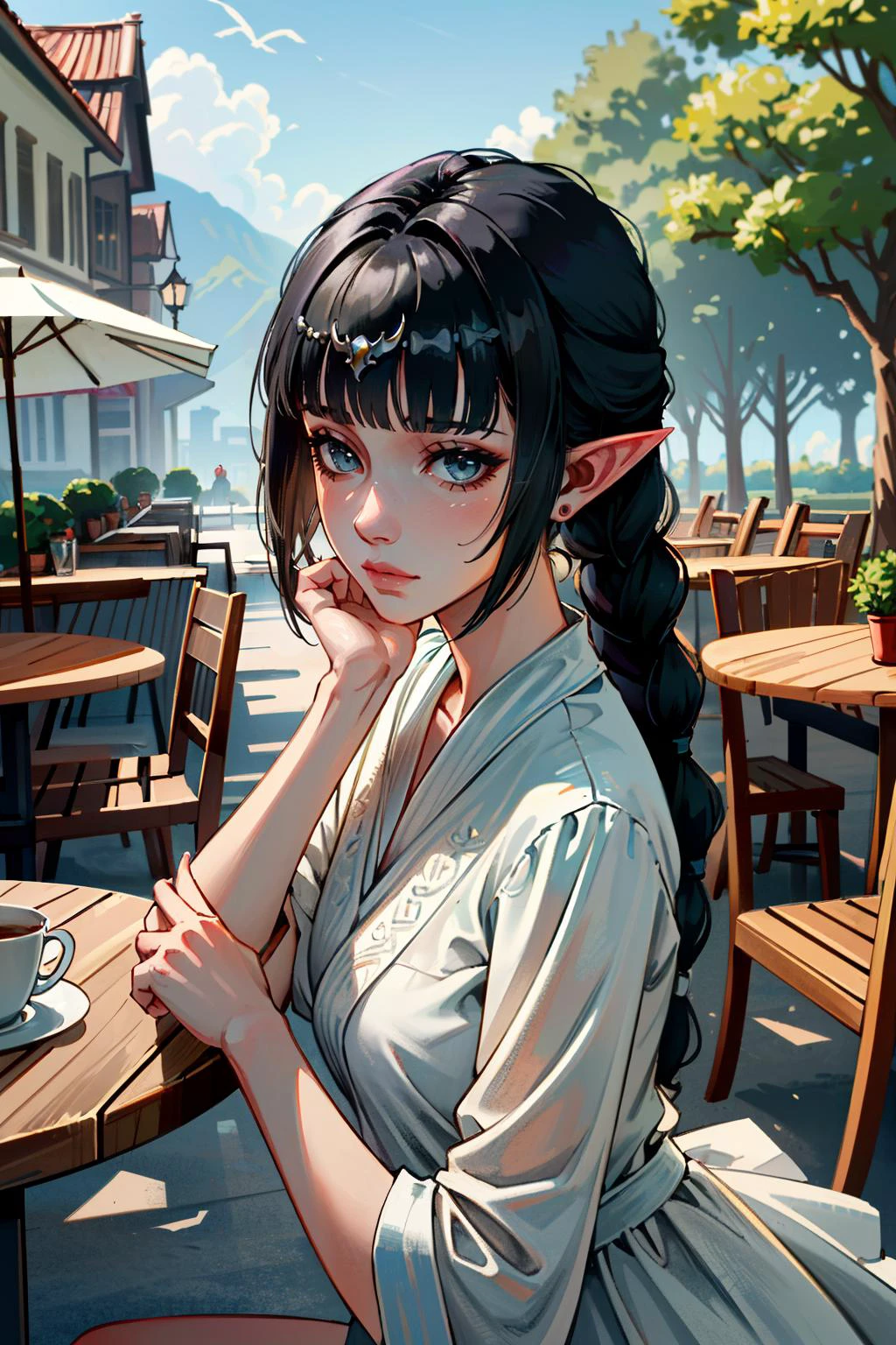 ((ultra detailed, masterpiece, absurdres))
<lora:BGShadowH:0.8>
BGShadowH, 1girl, pointy ears, black hair, blunt bangs, braid, hair ornament, cafe terrace, morning, peaceful and serene with soft morning sunlight