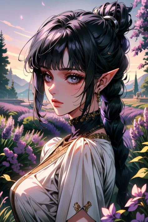 ((ultra detailed, masterpiece, absurdres))
 <lora:BGShadowH:0.8>
BGShadowH, 1girl, pointy ears, black hair, blunt bangs, braid, hair ornament, lavender field, midday, bright and vibrant with a sea of purple blooms